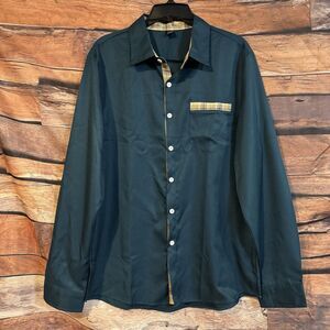 Manfinity Men Teal Plaid Trim Long Sleeve Button Up Shirt White Buttons Casual L